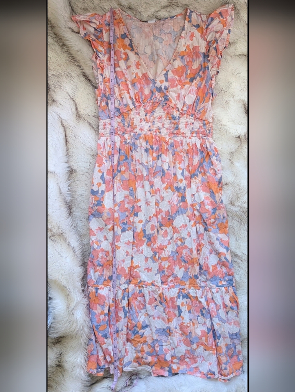 Floral Flutter-Sleeve Midi Dress in Peach Multi - Picture 9 of 9